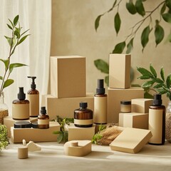 Eco-friendly packaging mockup with natural cosmetic bottles and boxes.