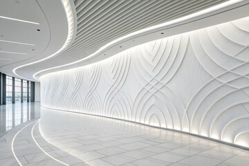 A sleek and modern architectural interior showcasing a curved hallway with a textured white wall and reflective tile flooring