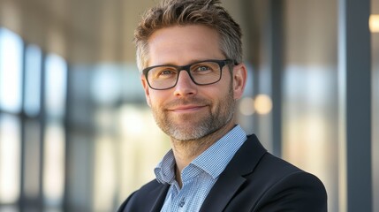Fototapeta premium A man wearing glasses and a suit is smiling