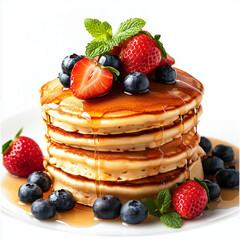 A delicious stack of golden-brown pancakes arranged neatly on a white background. The pancakes are drizzled with rich, flowing maple syrup that cascades down the sides. Fresh strawberries, blueberries