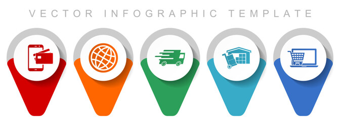 Commerce pointer collection, miscellaneous icons such as credit card, globe, truck, storage and online shop, flat design vector infographic template in eps 10