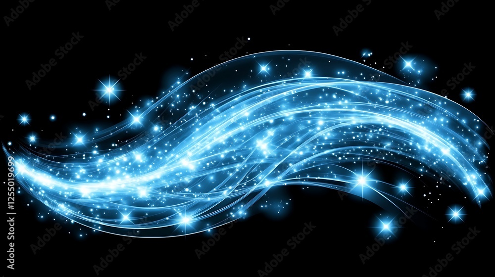 Poster luminous azure wave bursting with stellar sparks against a deep black backdrop imagery element