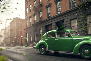 Saint Patrick's Day A vintage green car with a top hat drives down a picturesque street lined with trees and historic buildings, capturing a whimsical urban scene.
