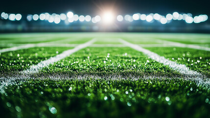 A blurred background of an American football field under the lights, with white lines and green grass, with bokeh effects creating a festive atmosphere for sports event