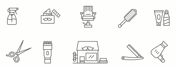 Barber Shop line Icon Set.  Trimmer, comb, clipper, facial, moustache  . Vector Illustration