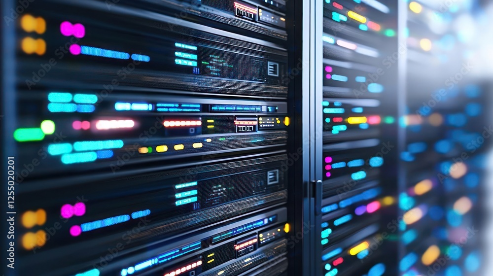 Poster modern data center server racks with glowing lights