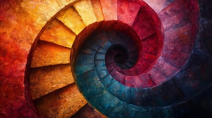 Fototapeta premium Vibrant Spiral Staircase: A mesmerizing view of colorful, swirling steps, symbolizing journey and transformation in a visually striking design.