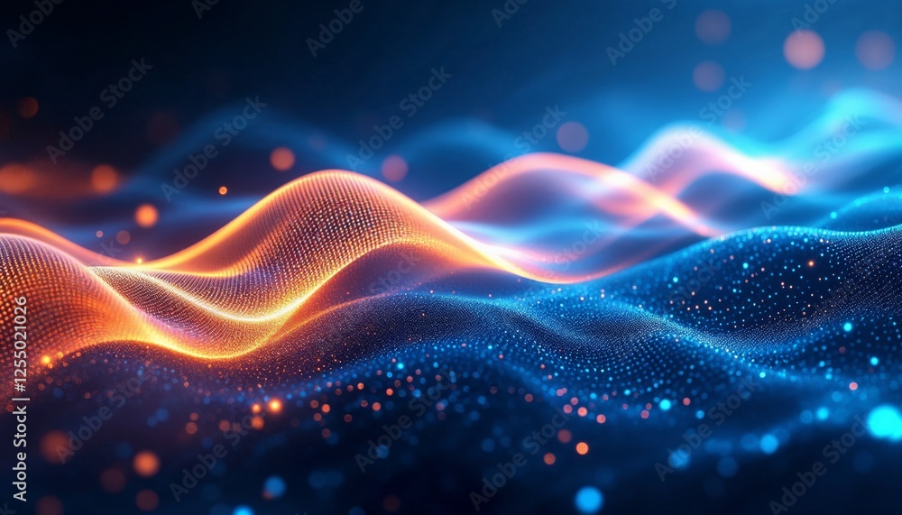 Poster abstract glowing particle waves representing data or energy transfer