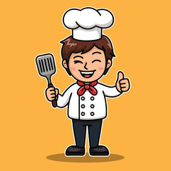 Cheerful Cute Chef cartoon character Vector illustration on a yellow background.