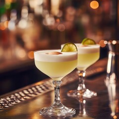 Two cocktails on bar, lime garnish, bokeh background, drinks menu
