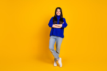 Charming Young Brunette Woman in Blue Knitwear Posing Against a Yellow Background