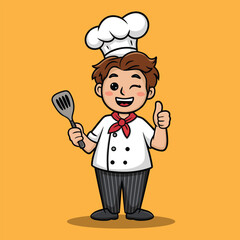 Cheerful Cute Chef cartoon character Vector illustration on a yellow background.