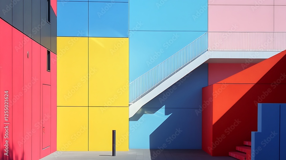 Poster colorful modern building exterior with stairs and shadows. possible use for architecture, design, an