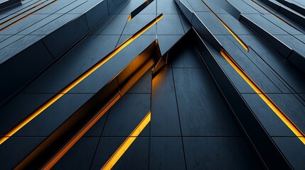 Abstract dark geometric background with glowing orange lines.