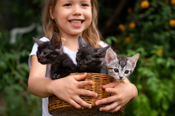 smiling little girl holding a basket with small kittens outdoors in nature