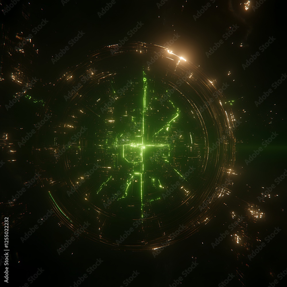 Poster luminous futuristic circular network high tech circuitry cybernetic green glow tech abstract design