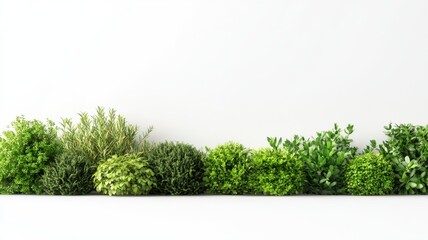 Various lush green bushes aligned against a white background