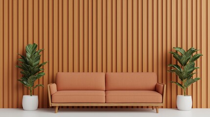 Orange sofa against wood wall, plants, interior design