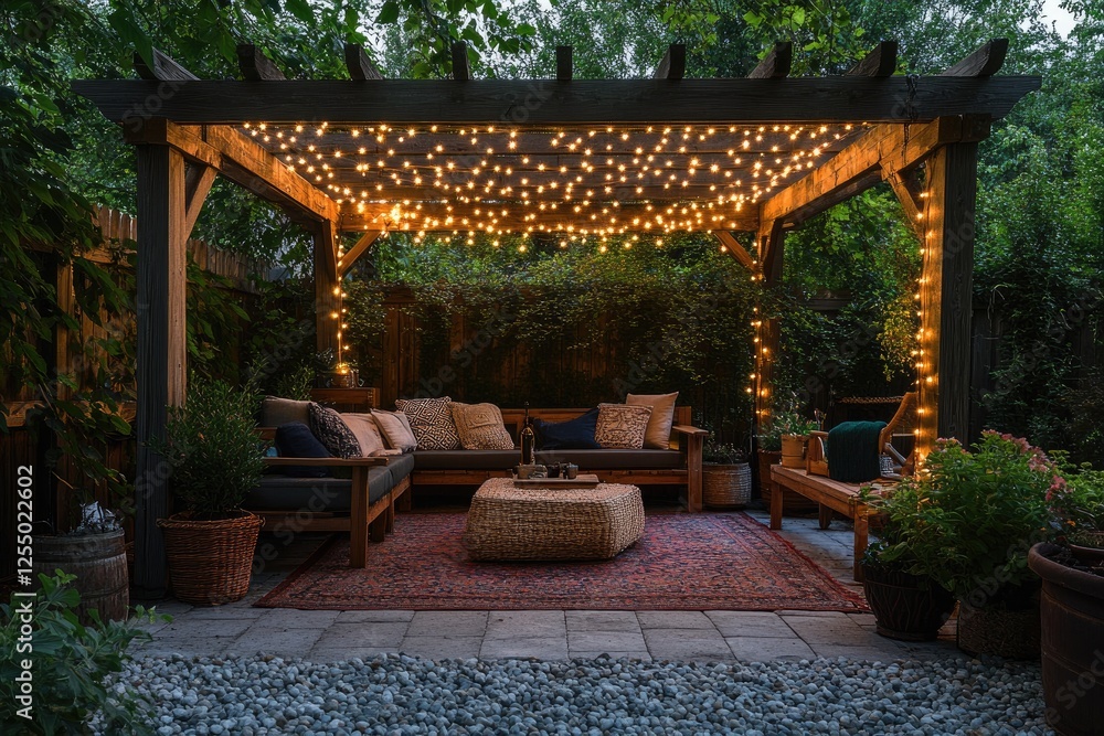 Aufkleber cozy backyard patio illuminated with string lights creating a relaxing ambiance
