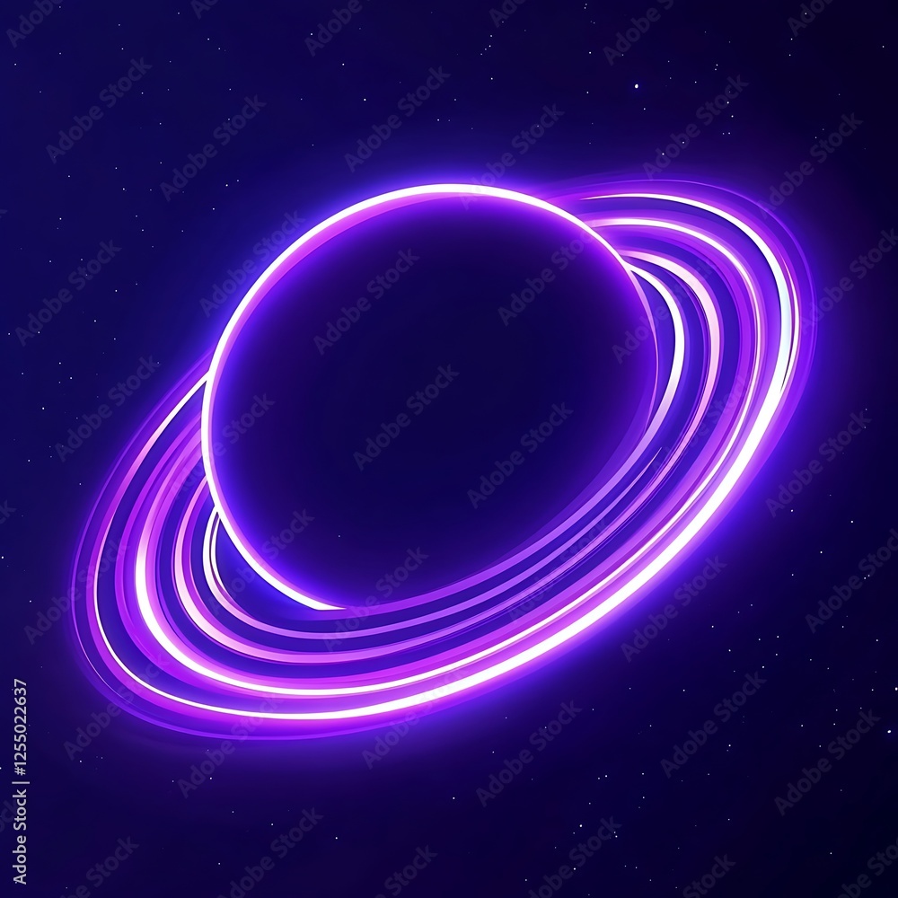 Poster luminous glowing planet surrounded by rings in the void of space on a starry background scene