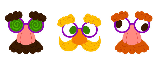 Eyeglasses with fake nose and mustache for April jokes. Vector illustration set isolated on white. Ideal for stickers, greeting cards, party decorations