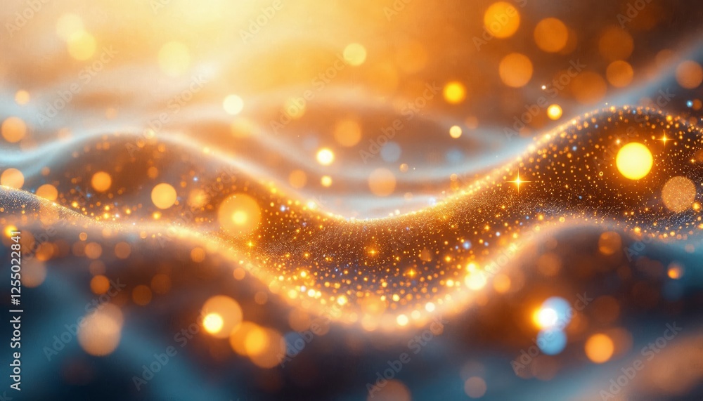 Poster abstract golden wave of particles with bokeh lights on gradient background