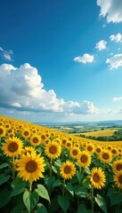 Fototapeta premium Rolling hills of sunflowers under a dramatic blue sky, shot, image