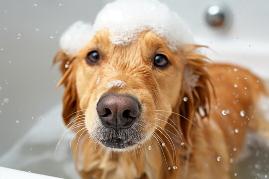 A golden retriever with soap bubbles on its head stares curiously, water droplets flying around.