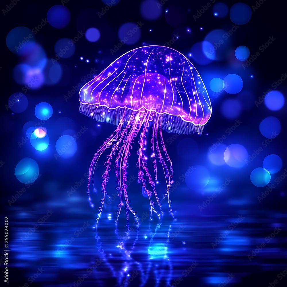 Poster luminous jellyfish displaying bioluminescence in a deep sea setting with bokeh effect and reflection