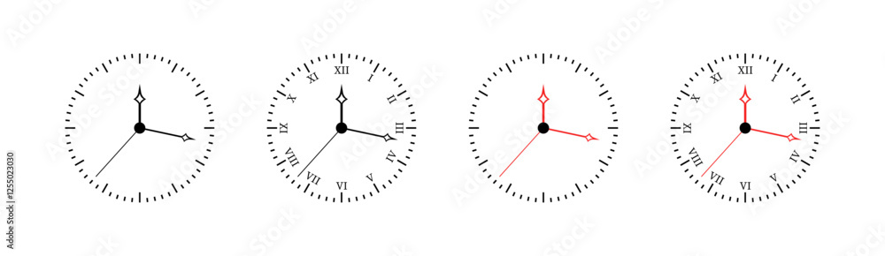 Poster minimalist clock faces with roman numerals and red hands. vector icon