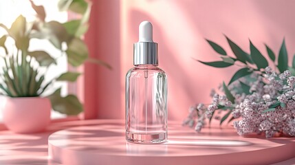 Elegant pink perfume bottle with floral decor on a pastel background
