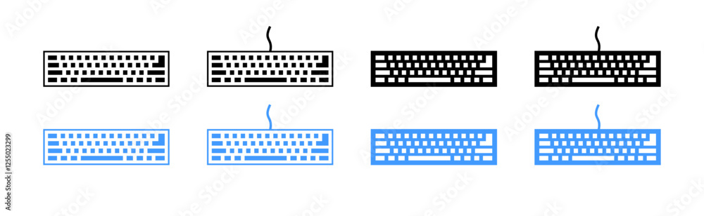 Poster set of eight computer keyboards in black and blue with wired connection. vector icon
