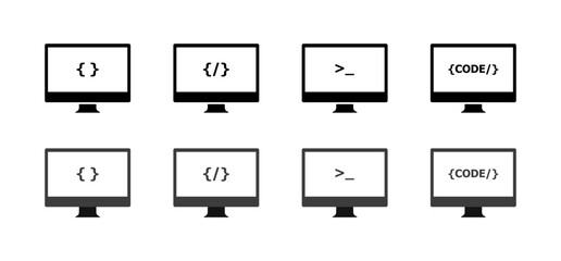 Minimalist computer screen icons with coding symbols and code brackets. Vector icon