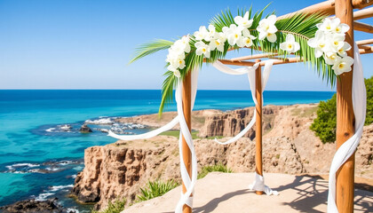 A beautiful beachside wedding arch with floral decorations and flowing white fabric, set against the turquoise ocean and rocky cliffs, creating a dreamy romantic ceremony setup.
