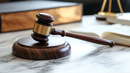 Wooden gavel on marble table, legal documents, courtroom setting, for legal themes, or educational purposes