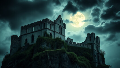 Naklejka premium A spooky ancient castle on a hill under a glowing full moon with dark clouds, creating a haunting and gothic atmosphere in a dramatic and eerie setting.