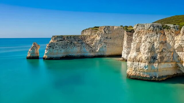 A beautiful blue ocean with a rocky shoreline
