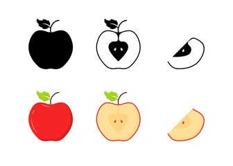 Illustration of whole, halved, and sliced apples with artistic and colored designs. Vector icon