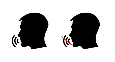 Silhouette of male profile speaking and silent with sound waves. Vector icon