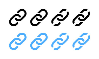 Black and blue distorted broken chain links in multiple orientations. Vector icon