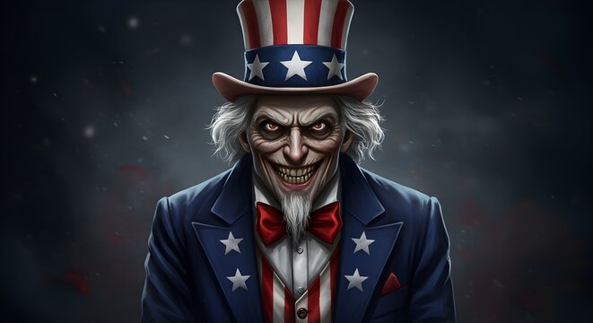 A digital illustration of Uncle Sam, but with a frightening, malicious expression.