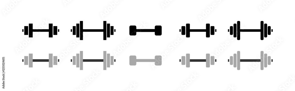 Poster set of black and gray dumbbell icons in various sizes on white background. vector icon