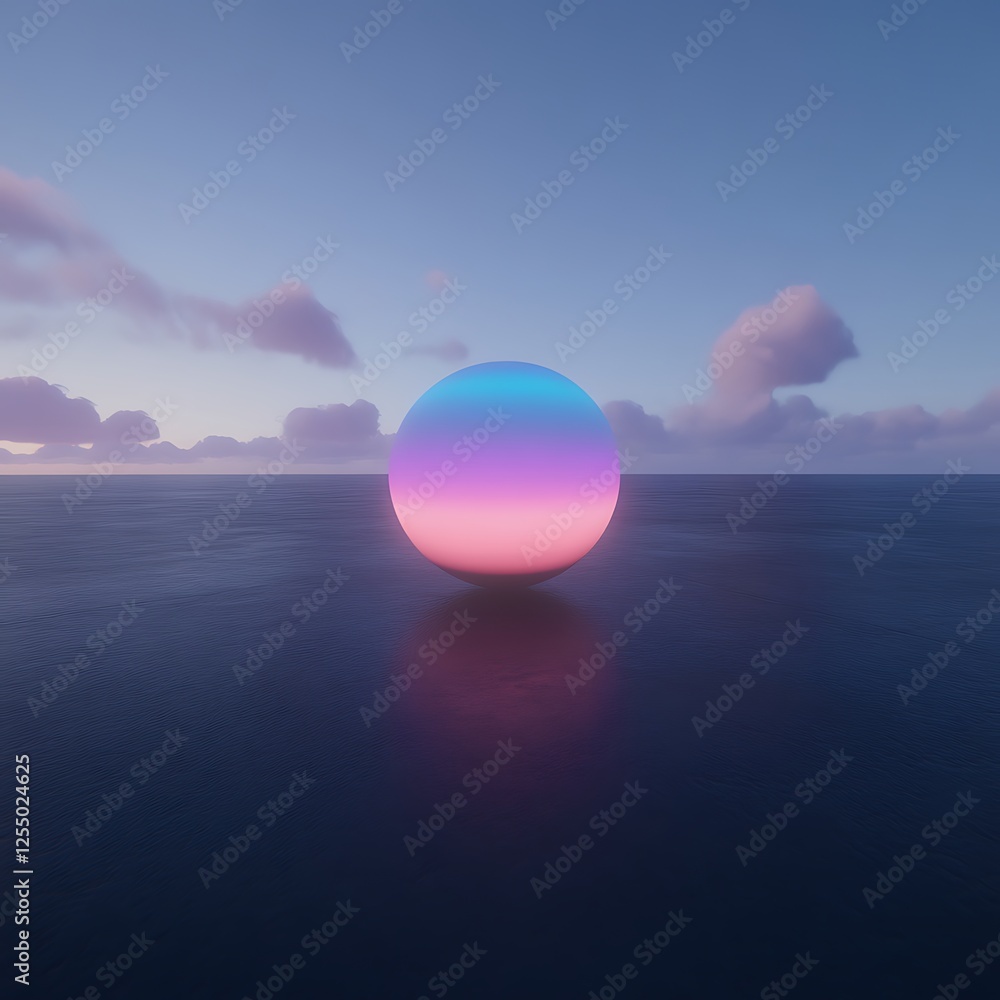 Poster luminous sphere on reflective plane amidst twilight sky gradient soft rendering illustration