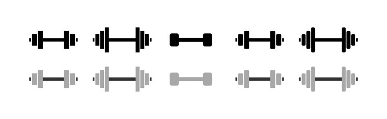 Set of black and gray dumbbell icons in various sizes on white background. Vector icon