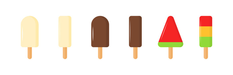Assorted colorful ice cream popsicles on white background. Vector icon