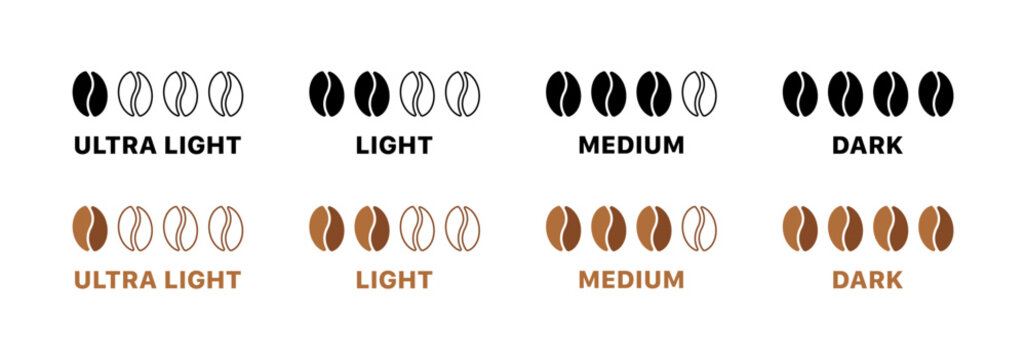Coffee bean roast levels: ultra light, light, medium, dark. Vector icon