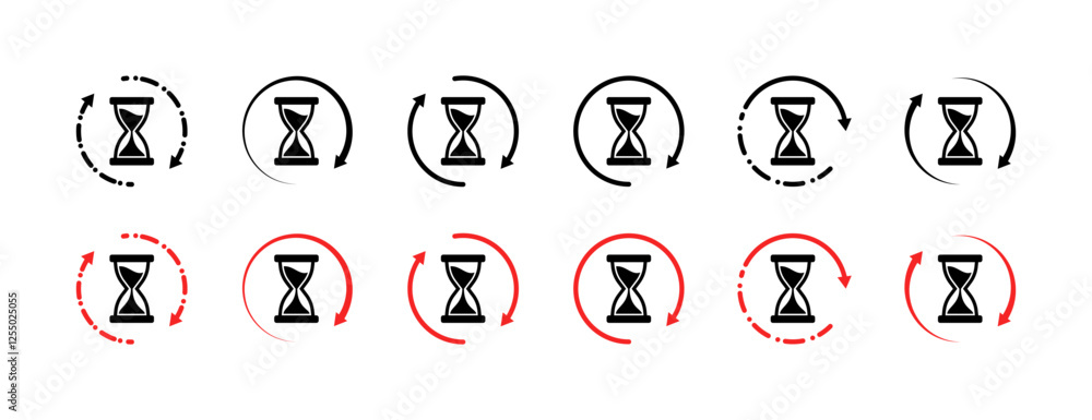 Poster set of hourglass icons with circular arrows in black and red. vector icon