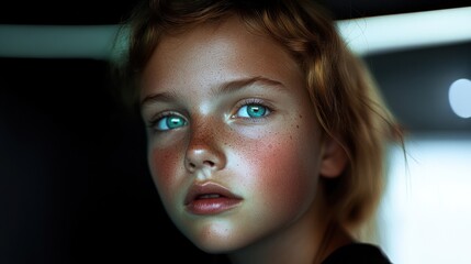 Close-up portrait of a person with striking vibrant eyes, natural freckles, and unique lighting focus emphasizing expression and mood.