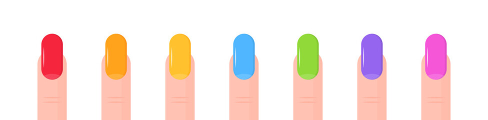 Colorful manicure display on fingertips with seven different shades. Vector icon