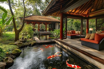 Obraz premium Koi fish swimming in pond of beautiful oriental garden
